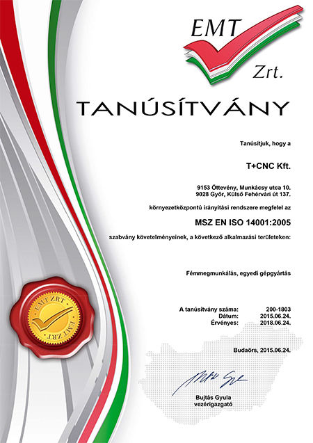 T+ CNC Kft. ISO 14001
